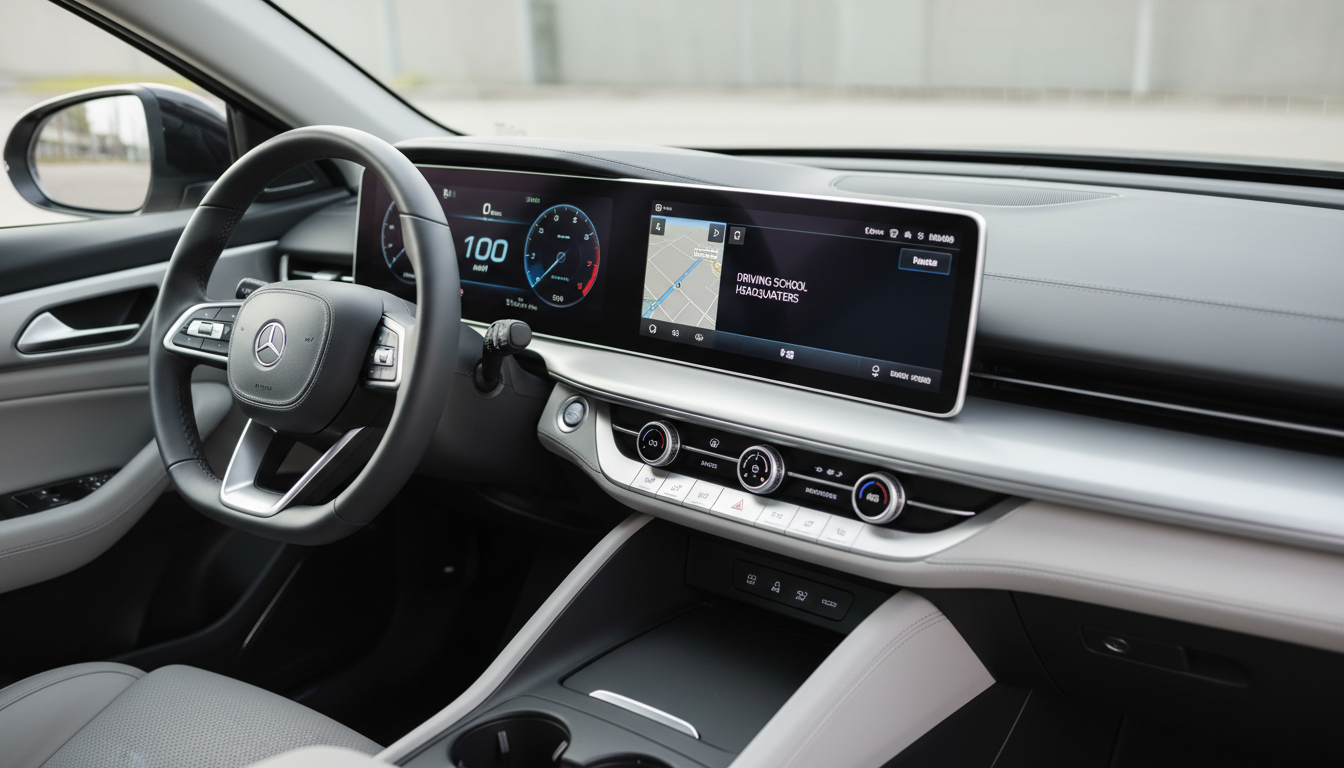 A sleek silver car dashboard featuring a modern digital speedometer, clean touchscreen panel, and neatly arranged minimalist controls in matte black and brushed aluminum. The dashboard sits in a meticulously maintained car interior with subtle grey accents and a structured, uncluttered layout. Soft, diffused daylight gently enters through nearby windows, casting subtle reflections on the surfaces and creating a calm atmosphere. The shot is taken from an eye-level perspective, focusing on the dashboard’s details while background elements fade softly. The overall mood is professional and reassuring, with a photographic realism that emphasizes clarity and precision, perfectly fitting a driving school’s corporate aesthetic.