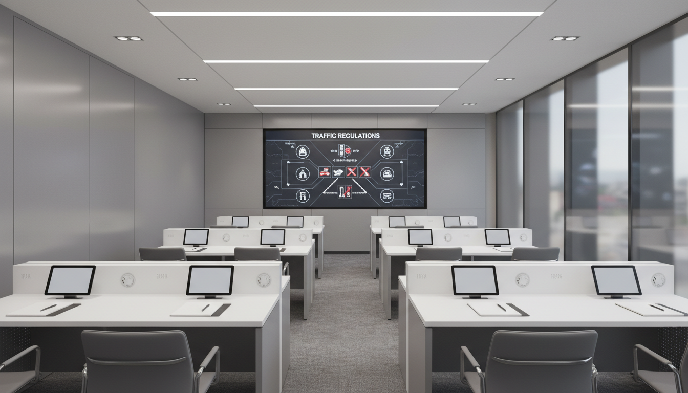 A modern classroom environment styled for driver’s theory instruction, featuring meticulously arranged individual white desks with tablets and notebooks, all facing a large wall-mounted digital display showing a clear, structured traffic laws diagram. The room’s soft grey palette and clean architectural lines create a calm learning atmosphere. Subtle recessed ceiling lights provide gentle, uniform lighting, eliminating harsh contrasts. The camera captures the room from the back corner, revealing depth and order while emphasizing the well-structured learning space. The overall mood is calm and corporate, rendered in photographic realism aligning perfectly with a premium driving school setting.